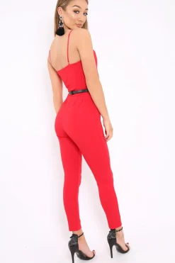 Rebellious Fashion Red V- Plunge Gold Belt Jumpsuit -Izela