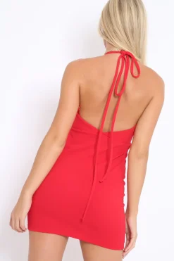 Rebellious Fashion Red V Plunge Halterneck Mini Dress - Kara