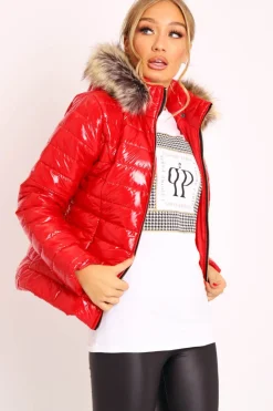 Rebellious Fashion Red Wet Look Puffer Coat - Soph