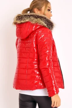 Rebellious Fashion Red Wet Look Puffer Coat - Soph