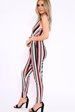 Rebellious Fashion Red White and Black Stripe Plunge Jumpsuit - Koen