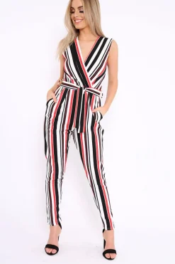 Rebellious Fashion Red White and Black Stripe Plunge Jumpsuit - Koen