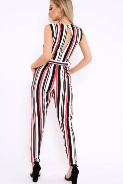 Rebellious Fashion Red White and Black Stripe Plunge Jumpsuit - Koen