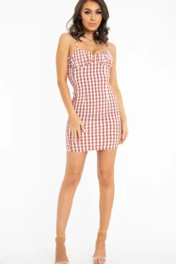 Rebellious Fashion Red White Check Sleeveless Shirred Cup Midi Dress - Suzi
