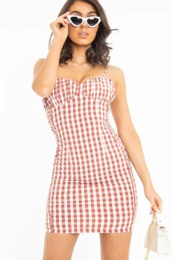 Rebellious Fashion Red White Check Sleeveless Shirred Cup Midi Dress - Suzi
