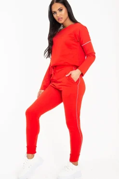 Rebellious Fashion Red White Detail Line Sweatshirt and Jogger Set - Shealee