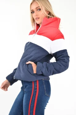 Rebellious Fashion Red White Navy Colour Block Puffer Jacket - Kenzlee