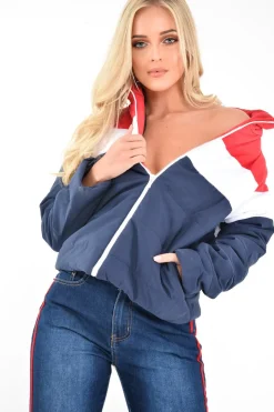 Rebellious Fashion Red White Navy Colour Block Puffer Jacket - Kenzlee