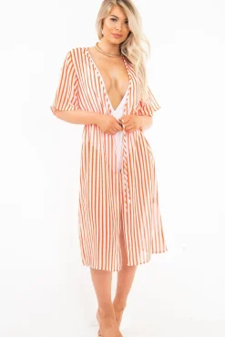 Rebellious Fashion Red White Stripe Chiffon Plunge Tie Front Midi Dress - Priscilla