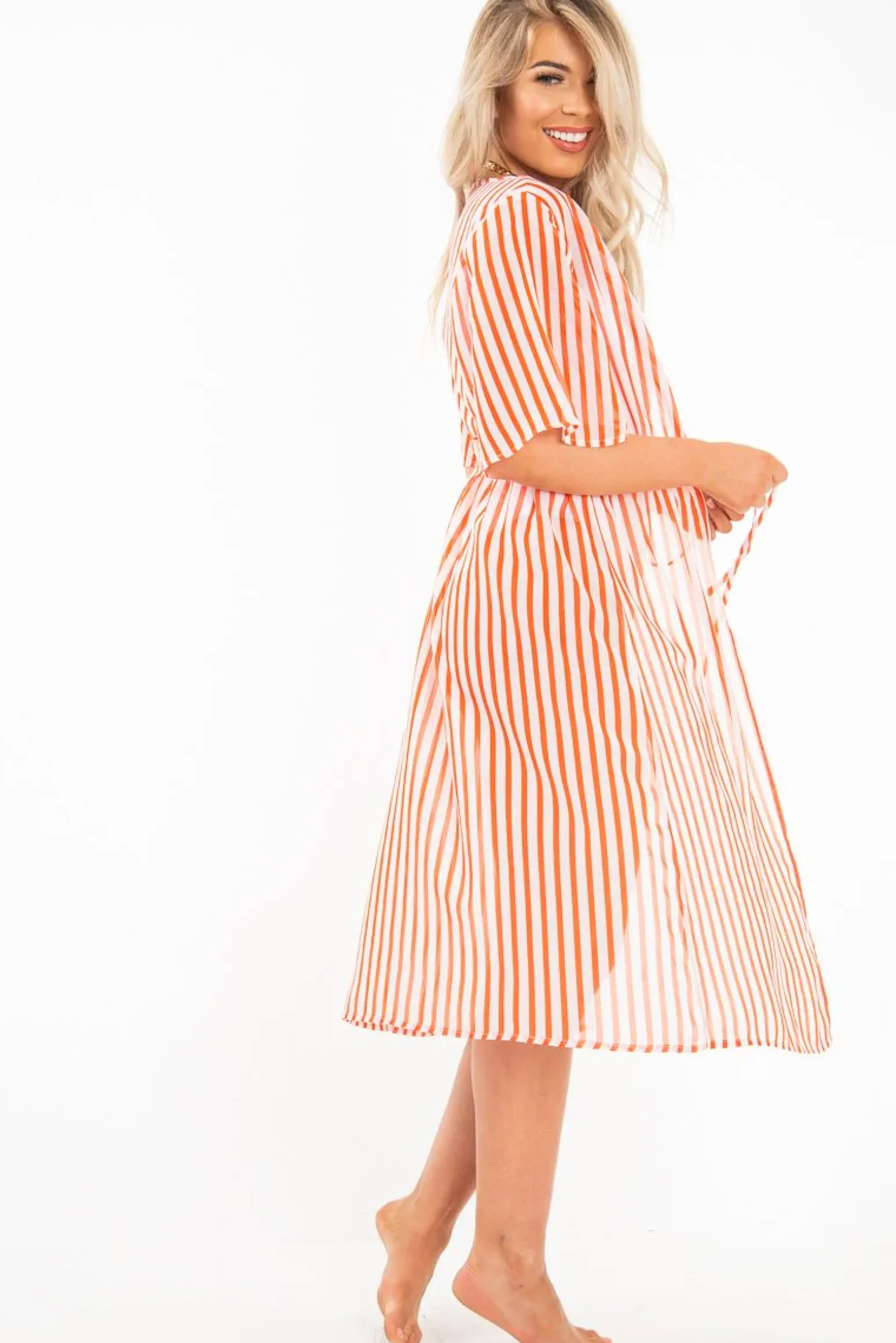 Rebellious Fashion Red White Stripe Chiffon Plunge Tie Front Midi Dress - Priscilla