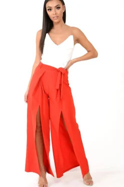 Rebellious Fashion Red Wide Leg Belted Split Front Trousers - Aamira