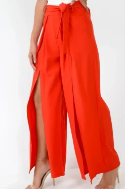 Rebellious Fashion Red Wide Leg Belted Split Front Trousers - Aamira