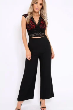 Rebellious Fashion Red With Black Lace Plunge Top - Christy