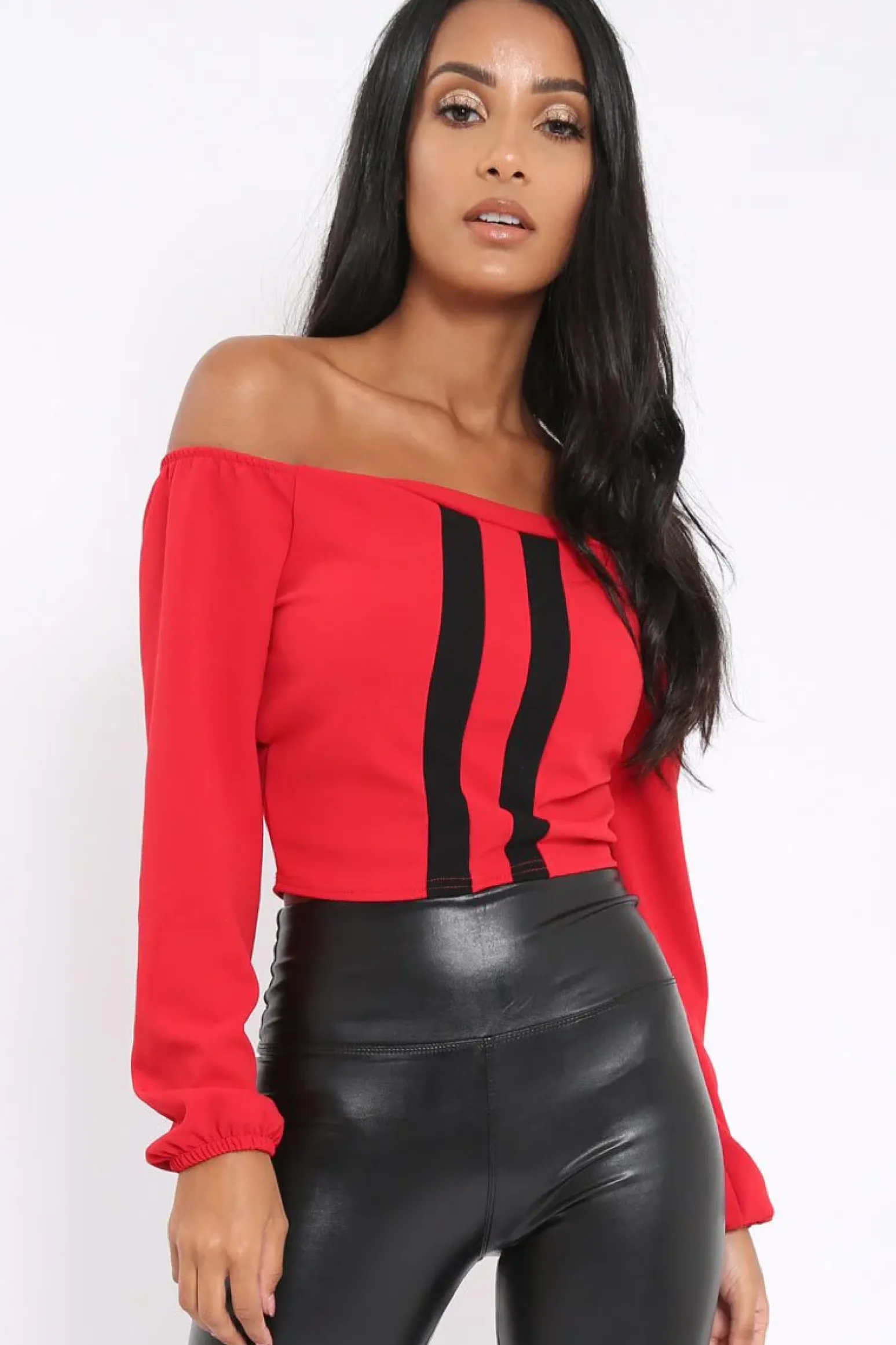 Rebellious Fashion Red With Black Stripe Bardot Crop Top - Livvie