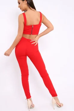 Rebellious Fashion Red with Pearls Crop Top and Trousers Co-ord - Meridith