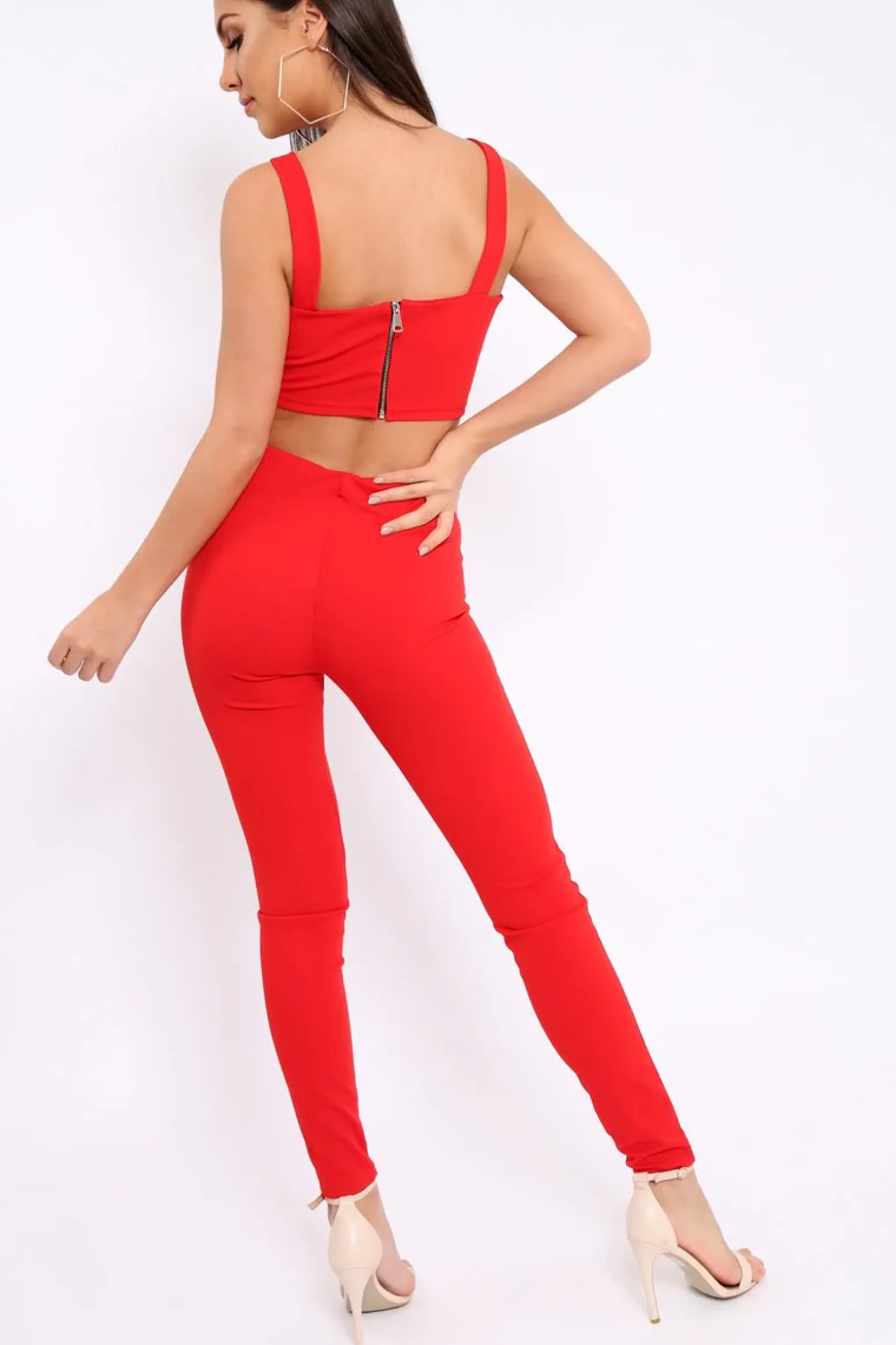 Rebellious Fashion Red with Pearls Crop Top and Trousers Co-ord - Meridith