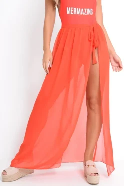 Rebellious Fashion Red Wrap Chiffon Maxi Skirt - Eveah