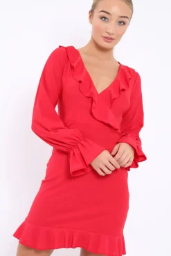 Rebellious Fashion Red Wrap Mini Dress with Frills - Maleigh