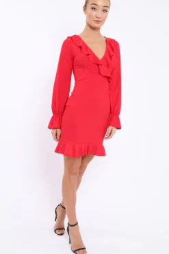 Rebellious Fashion Red Wrap Mini Dress with Frills - Maleigh