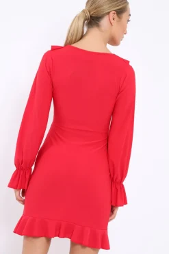Rebellious Fashion Red Wrap Mini Dress with Frills - Maleigh
