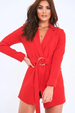 Rebellious Fashion Red Wrap Over Belted Blazer - Holden