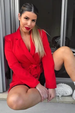 Rebellious Fashion Red Wrap Over Belted Blazer - Holden