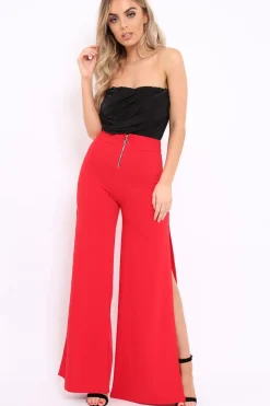 Rebellious Fashion Red Zip Front High Waisted Flare Trousers - Gerta