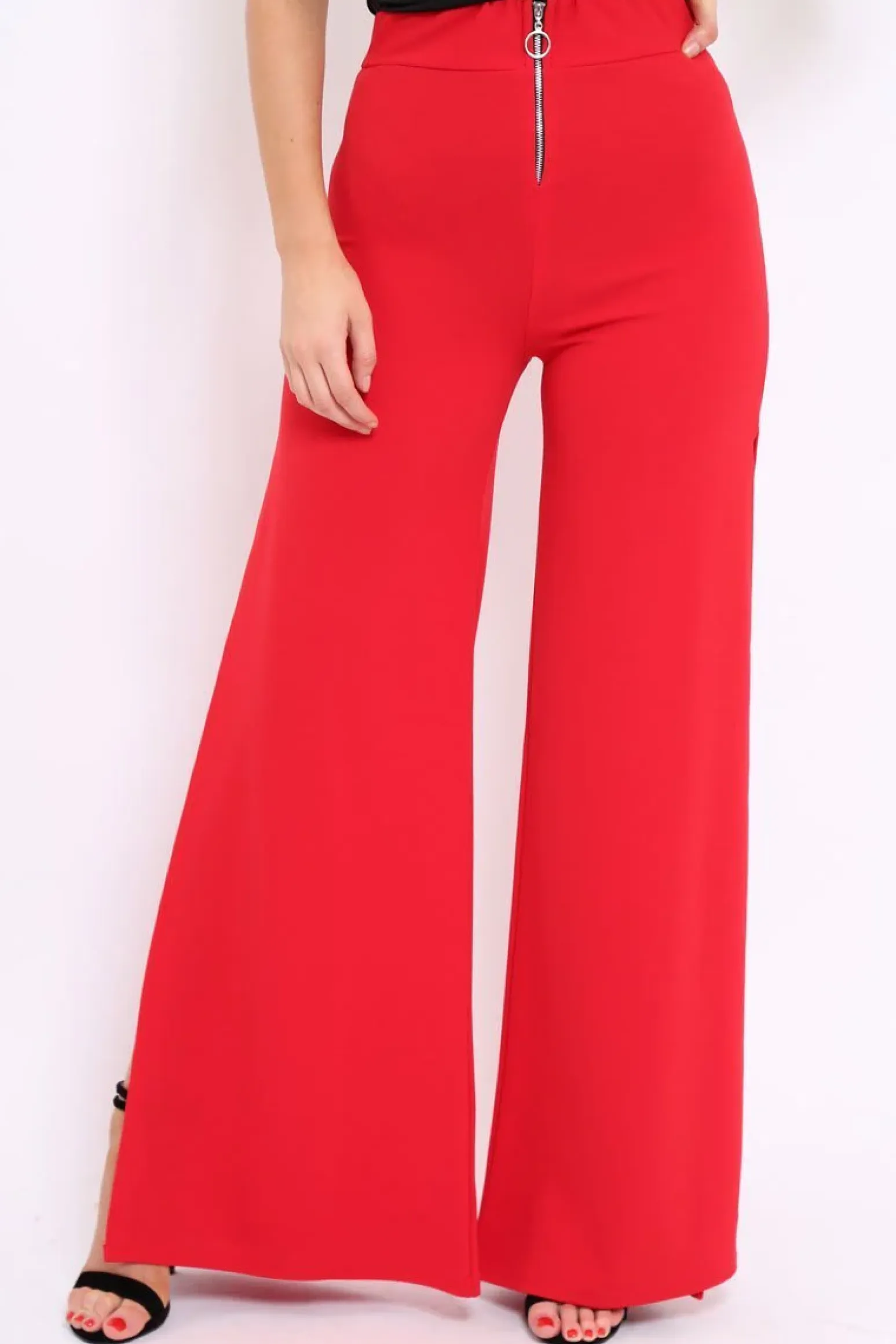 Rebellious Fashion Red Zip Front High Waisted Flare Trousers - Gerta
