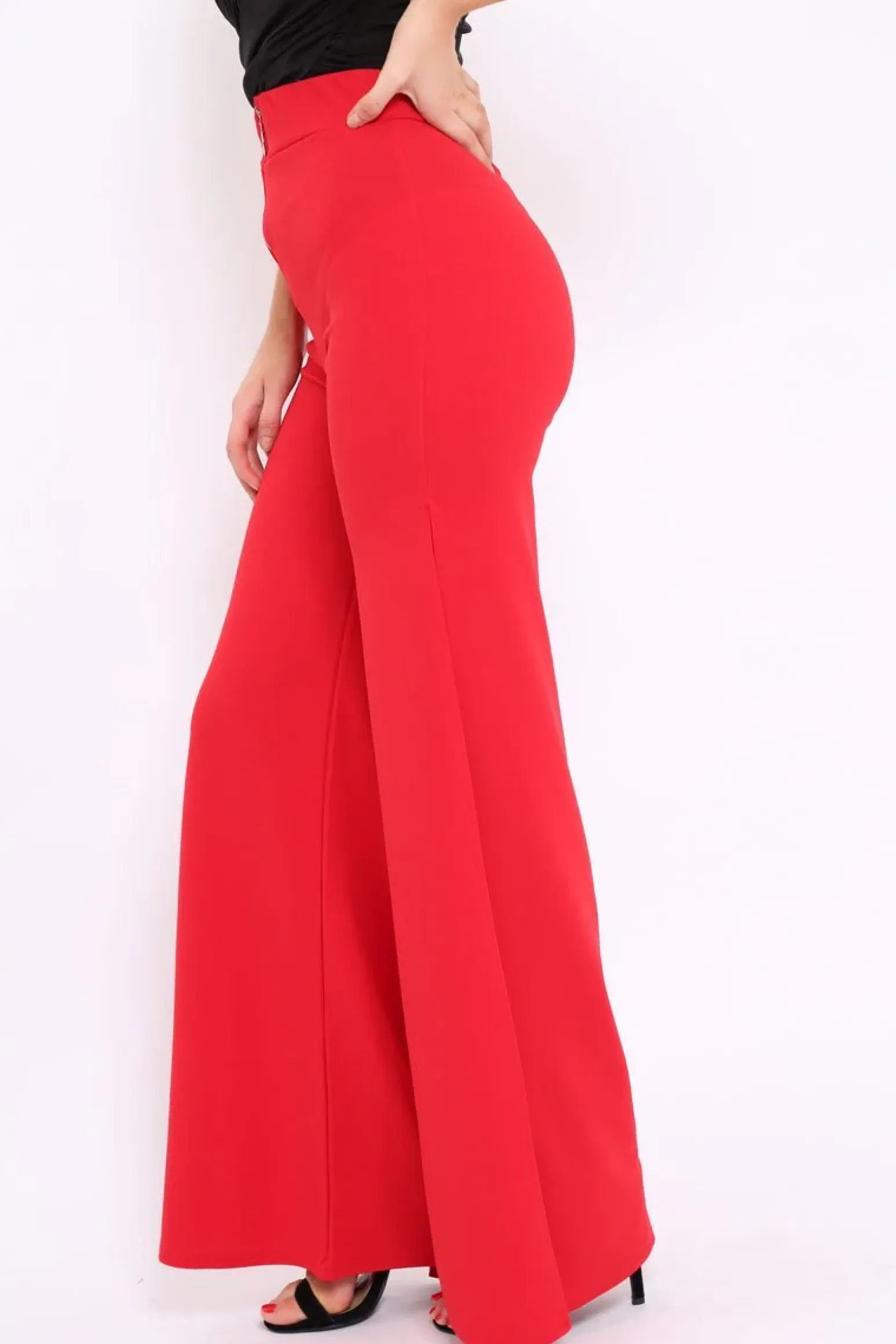 Rebellious Fashion Red Zip Front High Waisted Flare Trousers - Gerta