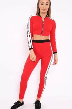 Rebellious Fashion Red Zip Front Tracksuit with White Side Stripes - Kitty