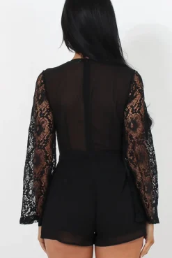 Rebellious Fashion Renae Black Lace Sleeve Playsuit