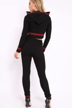 Rebellious Fashion Ribbed Hooded Loungewear Set with Contrast Stripe - Maggy