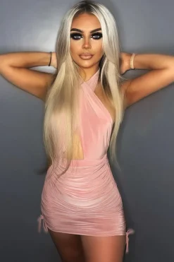 Rebellious Fashion Rose Halter Neck Slinky Mini Dress - Raylinn