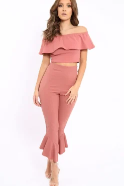 Rebellious Fashion Rose Bardot Crop Top And Dip Hem Trousers Co-ord Set - Alexiah