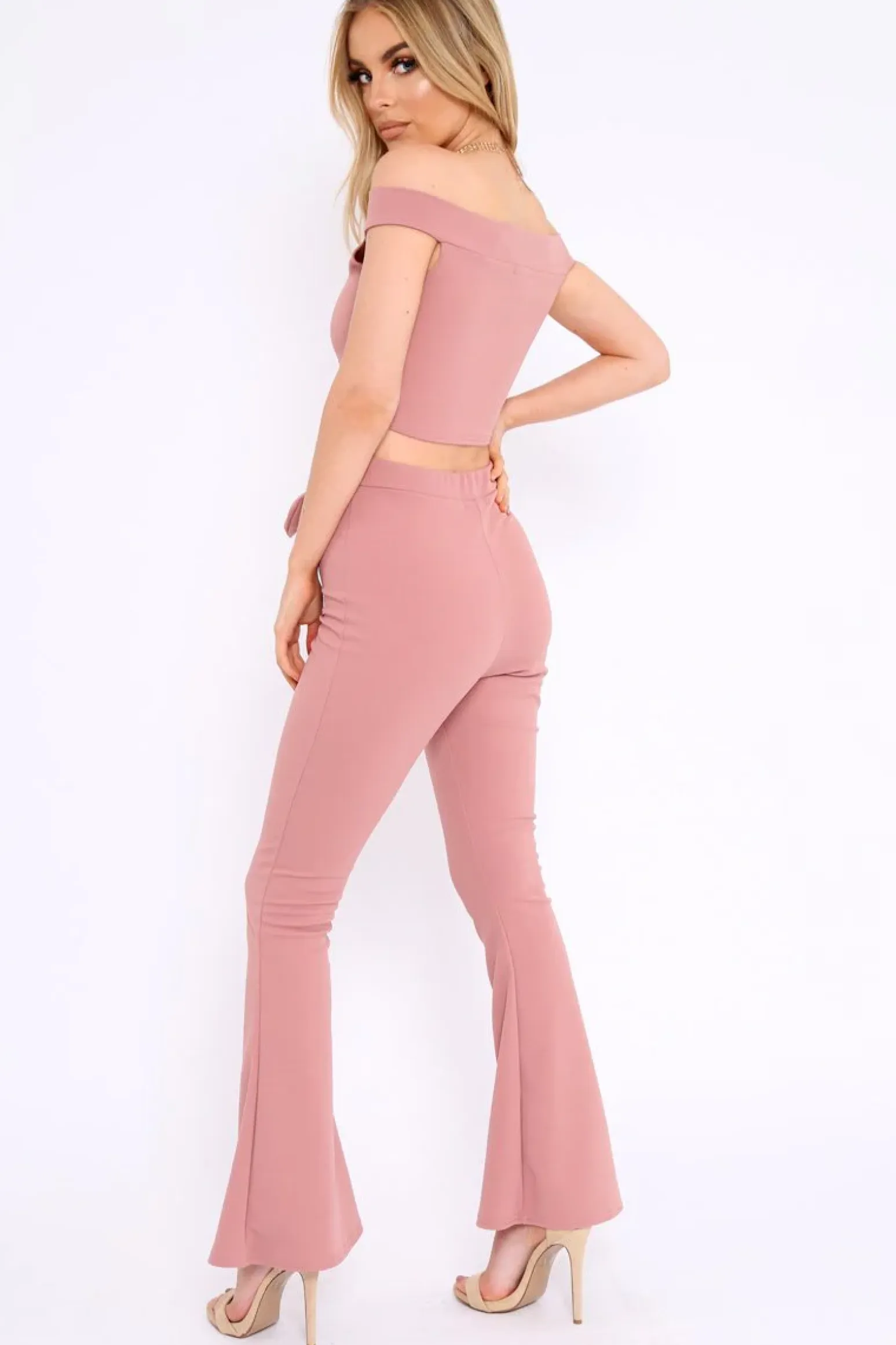 Rebellious Fashion Rose Bardot Crop Top and Flare Trousers Co-ord - Cacie