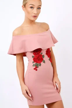 Rebellious Fashion Rose Bardot Frill Bodycon Applique Dress - Leticia