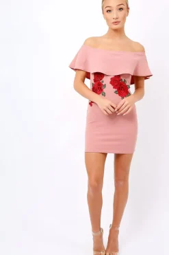 Rebellious Fashion Rose Bardot Frill Bodycon Applique Dress - Leticia
