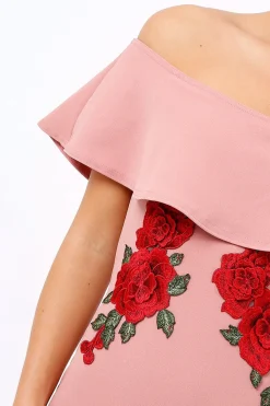 Rebellious Fashion Rose Bardot Frill Bodycon Applique Dress - Leticia