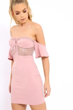 Rebellious Fashion Rose Bardot Frill Lace up Front Bodycon Dress - Ciceley