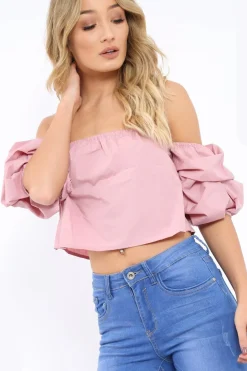Rebellious Fashion Rose Bardot Ruched Sleeve Crop Top - Corinne