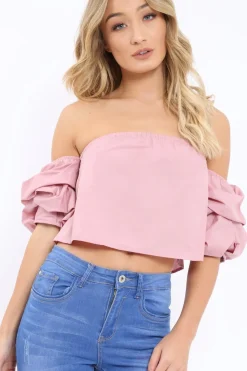 Rebellious Fashion Rose Bardot Ruched Sleeve Crop Top - Corinne