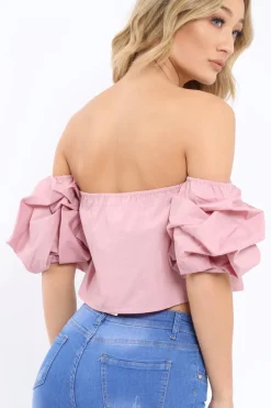 Rebellious Fashion Rose Bardot Ruched Sleeve Crop Top - Corinne