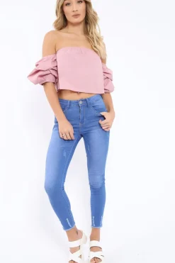 Rebellious Fashion Rose Bardot Ruched Sleeve Crop Top - Corinne