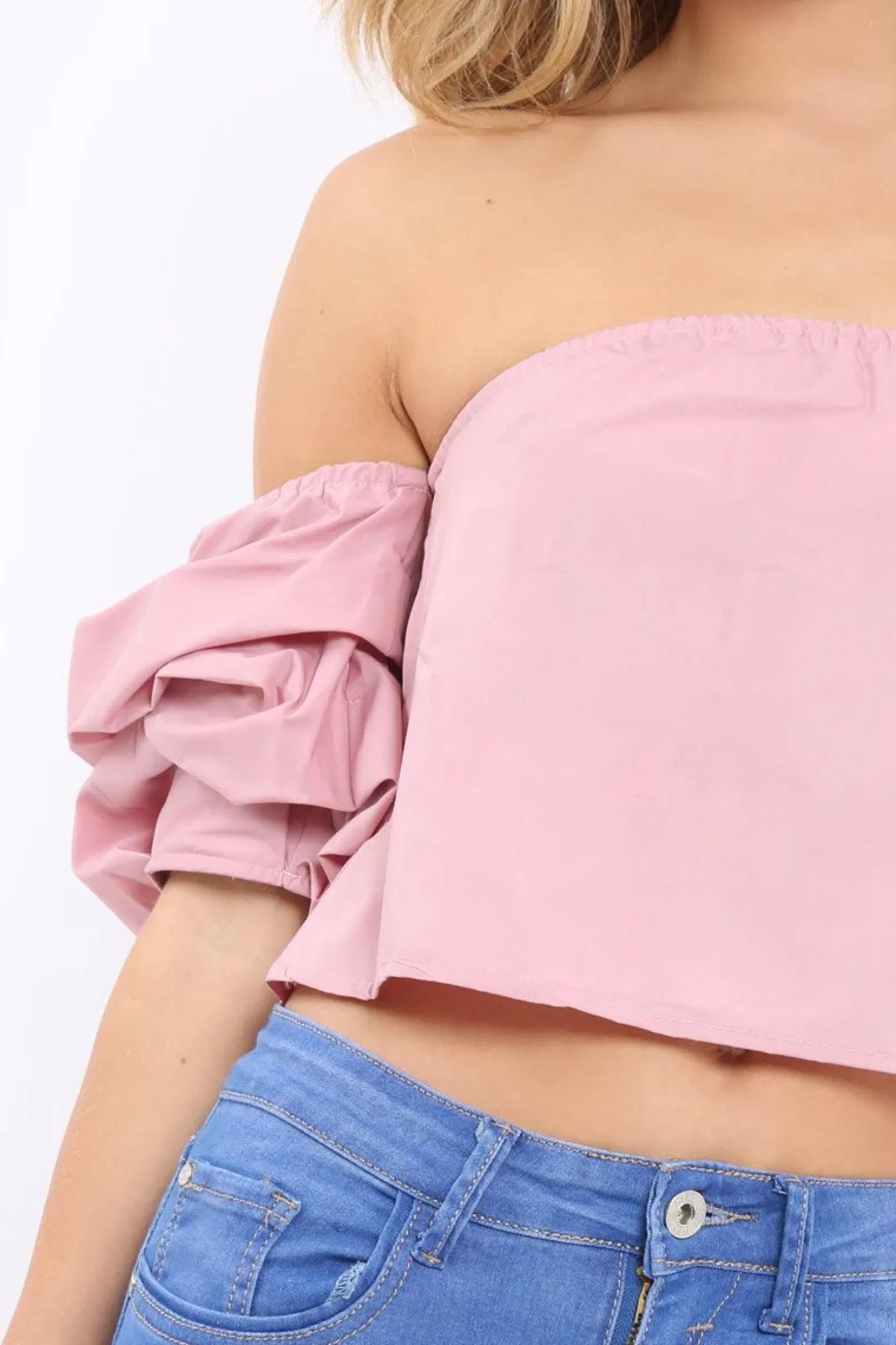 Rebellious Fashion Rose Bardot Ruched Sleeve Crop Top - Corinne
