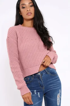 Rebellious Fashion Rose Chunky Knit Distressed Jumper - Bella