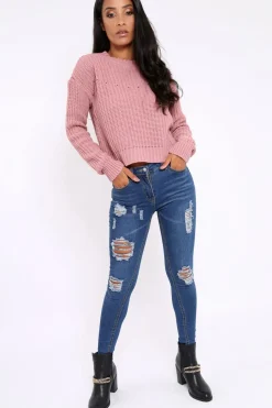 Rebellious Fashion Rose Chunky Knit Distressed Jumper - Bella