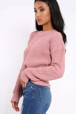 Rebellious Fashion Rose Chunky Knit Distressed Jumper - Bella