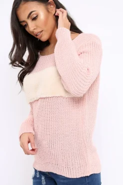 Rebellious Fashion Rose Chunky Knit Faux Fur Front Panel Jumper - Ophelia