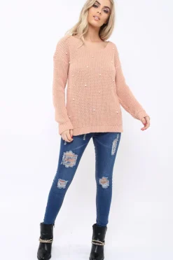Rebellious Fashion Rose Chunky Knit Pearl Jumper - Terri