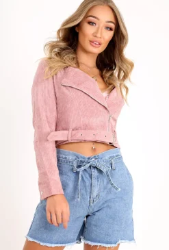 Rebellious Fashion Rose Corduroy Crop Biker Jacket - Wilna